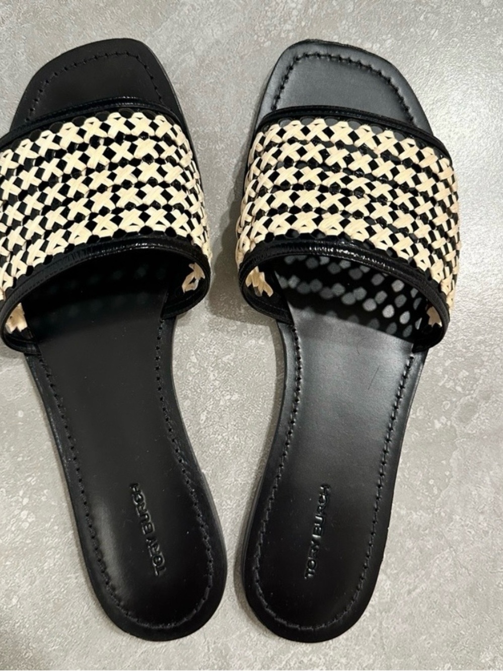 Tory Burch Black and Cream Woven Slide Mules